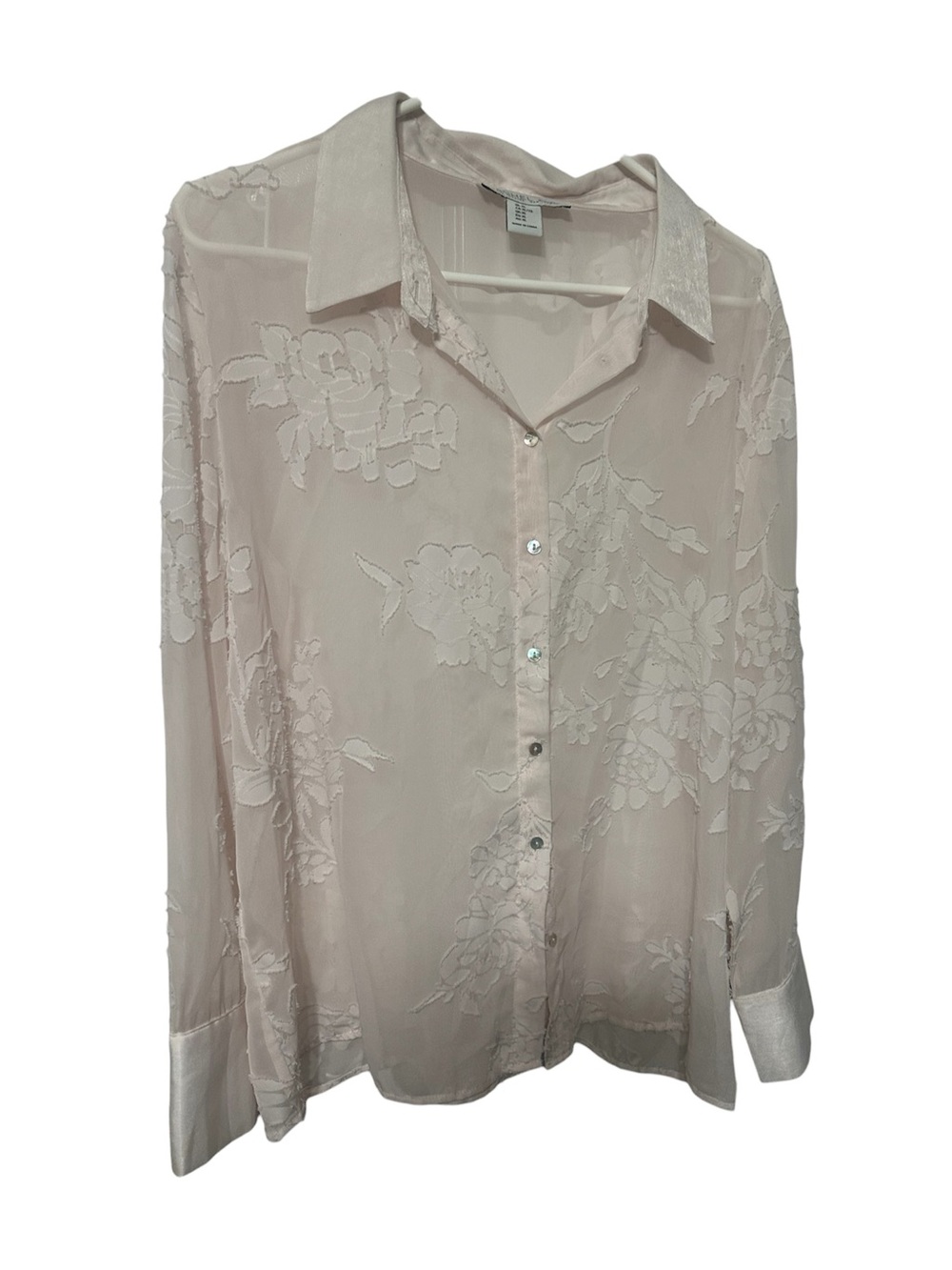 Rachel Zoe XL Pink Floral Burnout Sheer Button Down Blouse Long Sleeve